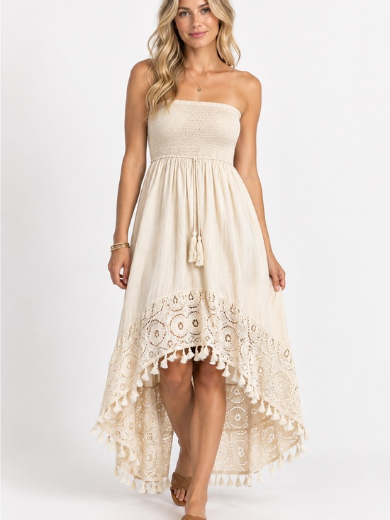 Cupshe Dresses & Skirts - Cupshe Strapless Cream Boho Hi-Low Smocked Strapless Dress Resort Vacation
